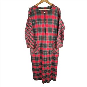 VTG 90s Barad Flannel Nightgown L Red Plaid Pockets Granny Holiday Christmas
